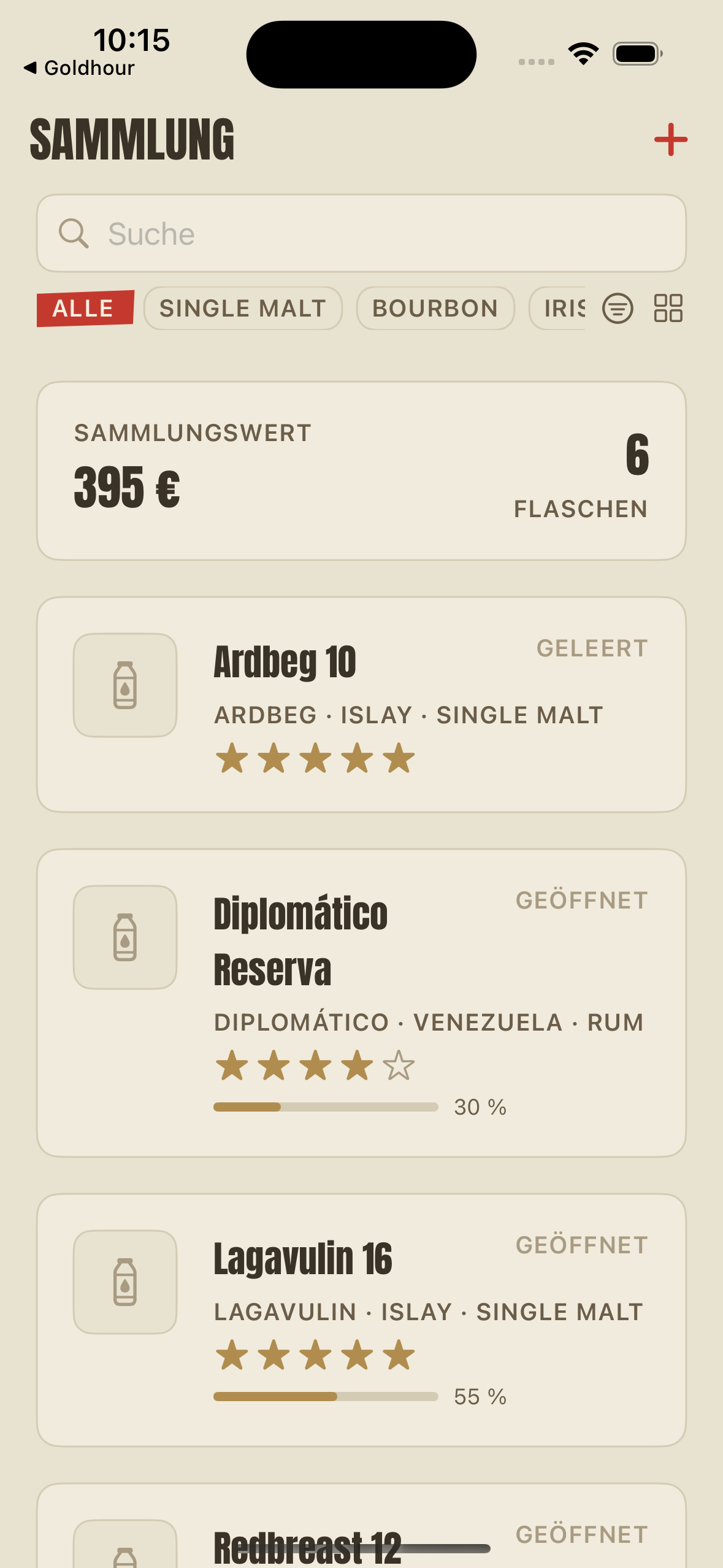 Caskmark Sammlungsansicht mit Sammlungswert, Filtern und Flaschenkarten